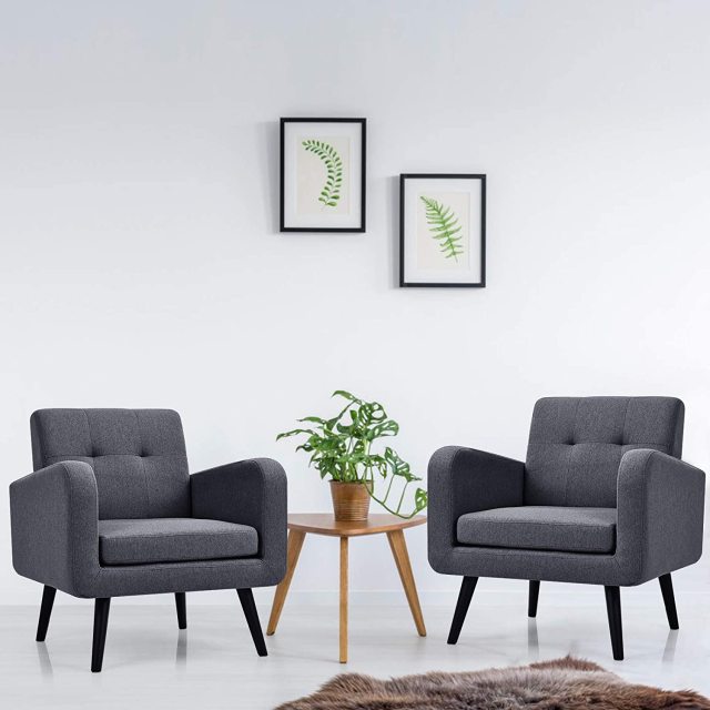KOMFOTT Modern Upholstered Accent Chair w/ Rubber Wood Legs | Linen Fabric Single Sofa
