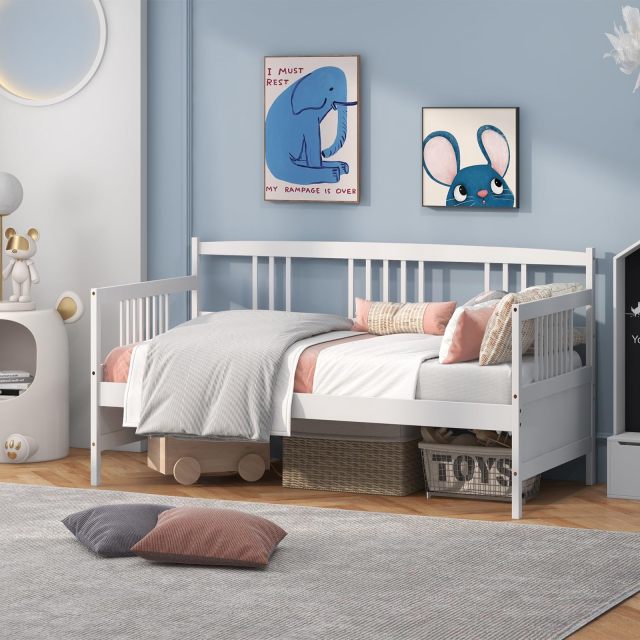 KOMFOTT Twin Daybed Frame, Wooden Sofa Bed Guest Bed with Rails & Wood Slat Support