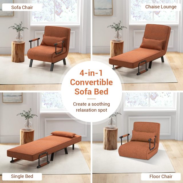 KOMFOTT Convertible Sleeper Chair Bed with Pillow, 4-in-1 Folding Sofa Bed with 6-Position Adjustable Backrest
