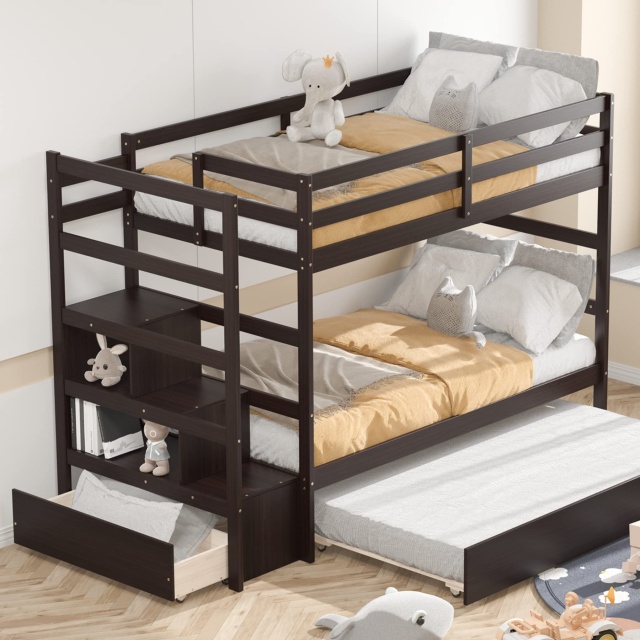 KOMFOTT Twin Over Twin Bunk Bed with Trundle & Staircase, Storage Shelves & Drawer