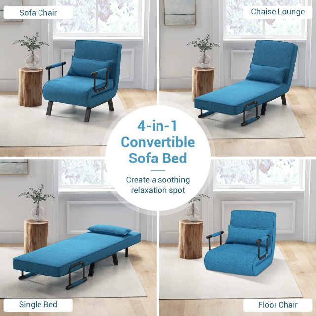KOMFOTT Convertible Sleeper Chair Bed with Pillow, 4-in-1 Folding Sofa Bed with 6-Position Adjustable Backrest