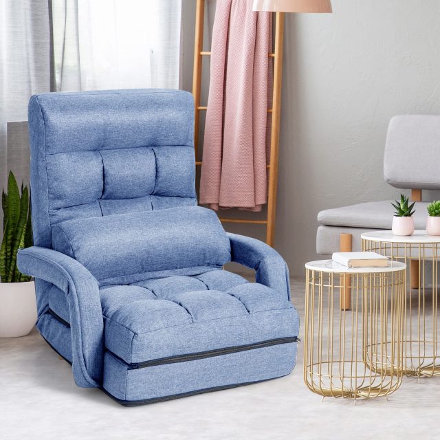 KOMFOTT Folding Floor Chair with 6-Position Adjustable Backrest, Armrests & Removable Pillow
