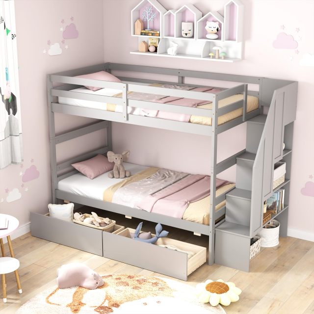 KOMFOTT Wood Twin Over Twin Bunk Bed with 2 Storage Drawers & Stairs
