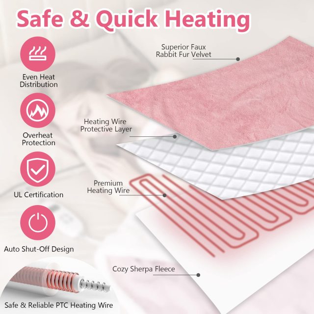 KOMFOTT Heated Throw Blanket, Reversible Sherpa & Faux Rabbit Fur Heating Blanket w/ 10 Heat Levels, 9H Timer Auto Off, Machine Washable Blanket Warmer