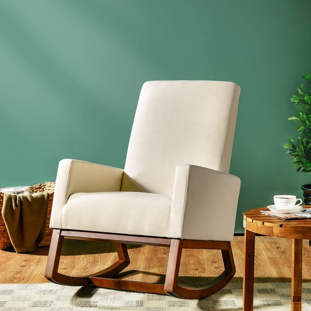 KOMFOTT Rocking Chair, High Back Upholstered Lounge Armchair w/Side Pocket