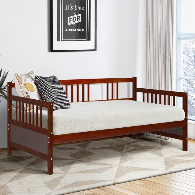 KOMFOTT Twin Daybed Frame, Wooden Sofa Bed Guest Bed with Rails & Wood Slat Support