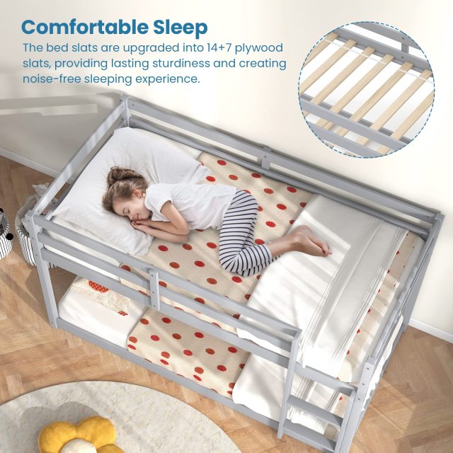 KOMFOTT Twin Over Twin Solid Wood Low Bunk Bed with Full Guardrails & Integrated Ladder