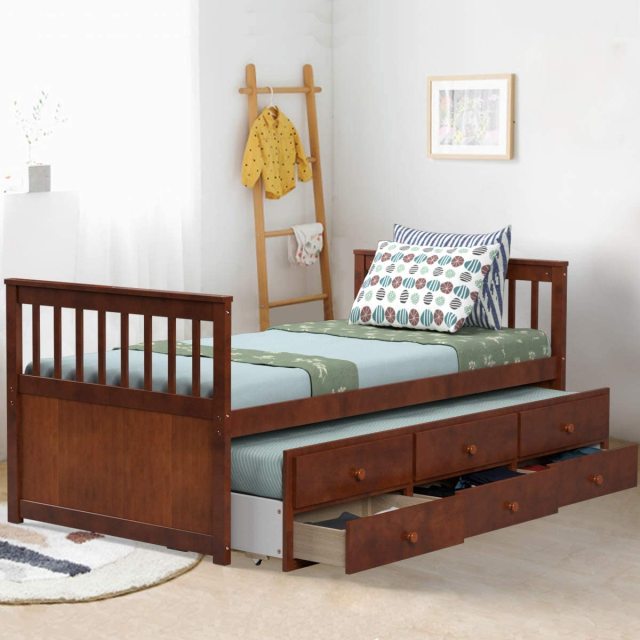 KOMFOTT Twin Captain’s Bed with Trundle Bed, Wood Storage Daybed with 3 Storage Drawers