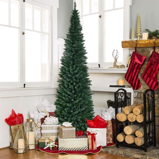 9FT Pencil Christmas Tree Slim Skinny Hinged Pine Tree with PVC Material