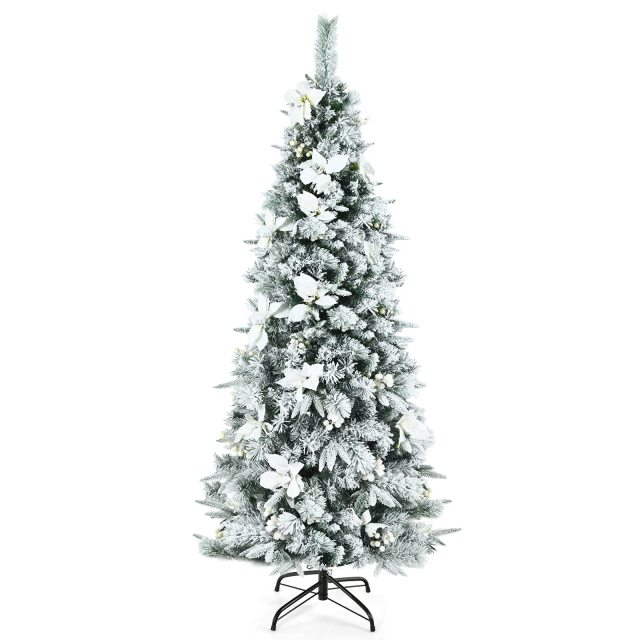 6 Ft Snow Flocked Christmas Pencil Tree with Berries and Poinsettia Flowers