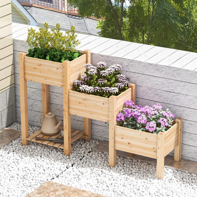 3 Tier Wooden Elevated Planter Stand with Open Shelf & Drainage Holes