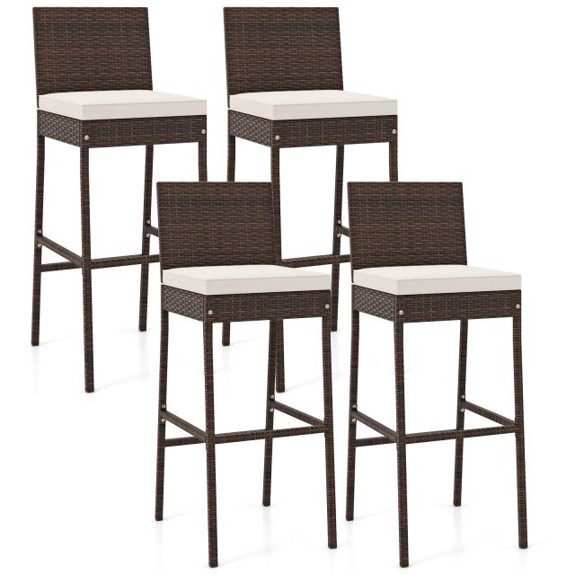 Patio Wicker Barstools with Seat Cushion and Footrest