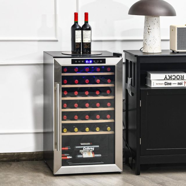 20 Inch Wine Cooler, 33 Bottles Wine Refrigerator with 2-Layer Tempered Glass Door & Dual Alarm Function