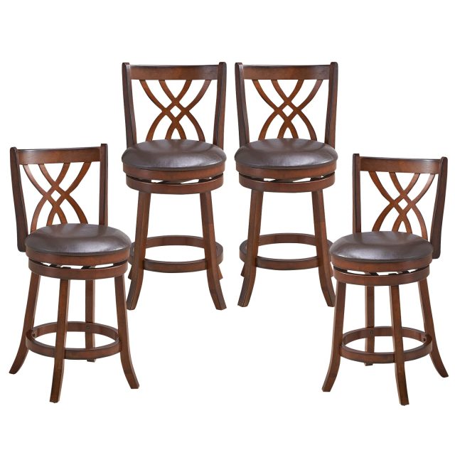 360° Swivel Chairs Bar Stools with Rubber Wood Frame PU Leather Cushioned Seat and Footrests