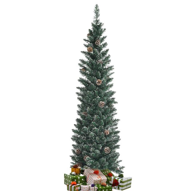 6 Ft Unlit Pencil Christmas Tree w/ 267 Snowy PVC Branch Tips