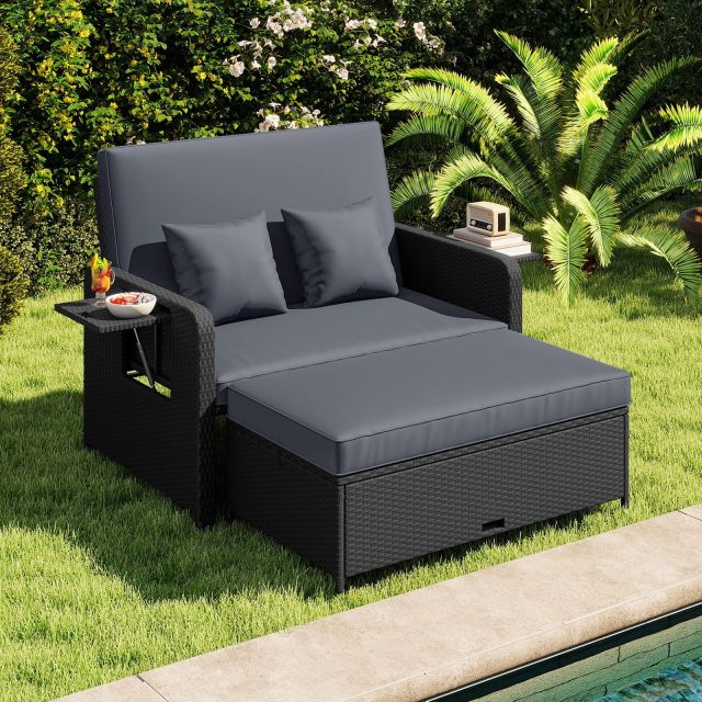 Patio Rattan Daybed with Cushions | Outdoor Wicker Loveseat Sofa with Storage Ottoman