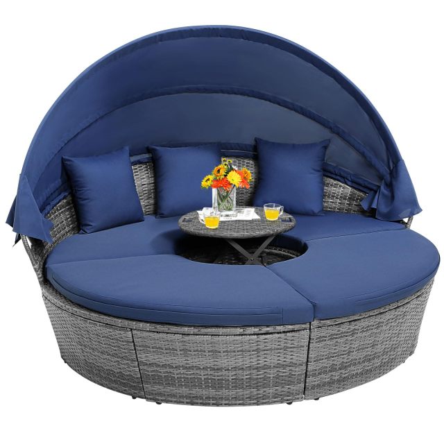 Patio Round Daybed with Retractable Canopy for Patio