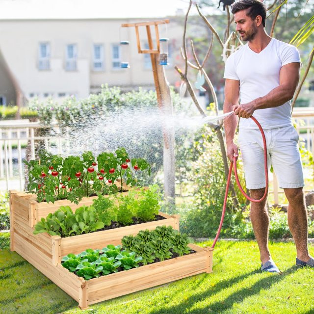 3-Tier Wooden Elevated Planter Box for Vegetables Flowers Herbs Fruits