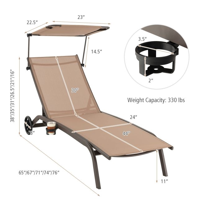 Patio Chaise Lounge Chair Heavy Duty Lounger Canopy Cup Holder Wheeled 6 Level