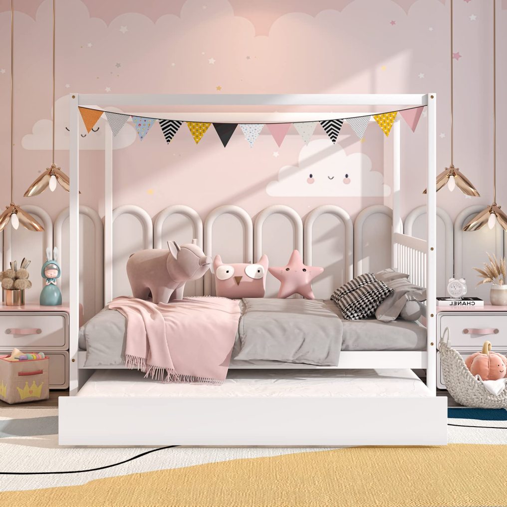KOMFOTT Wood Canopy Bed with Trundle, Full Size Kids Solid Wood Platform Bed Frame with Headboard