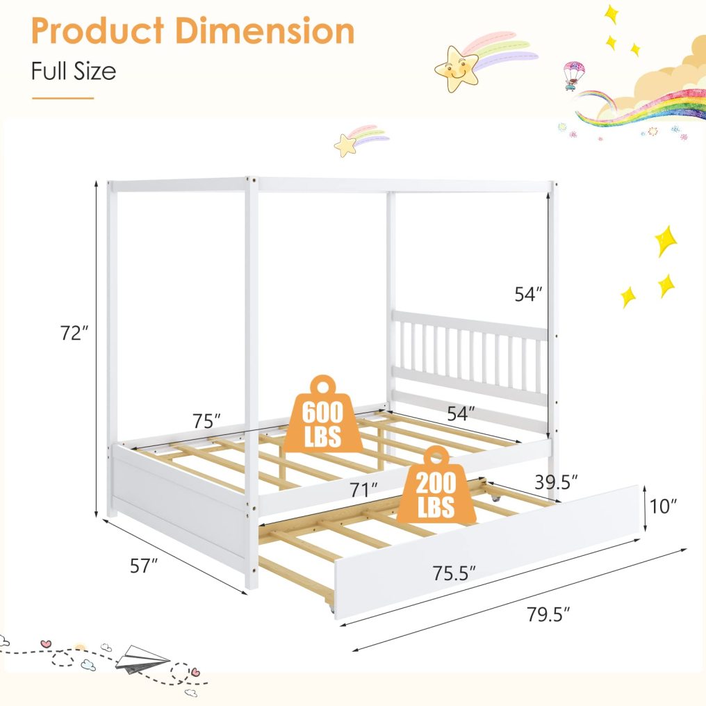 KOMFOTT Wood Canopy Bed with Trundle, Full Size Kids Solid Wood Platform Bed Frame with Headboard