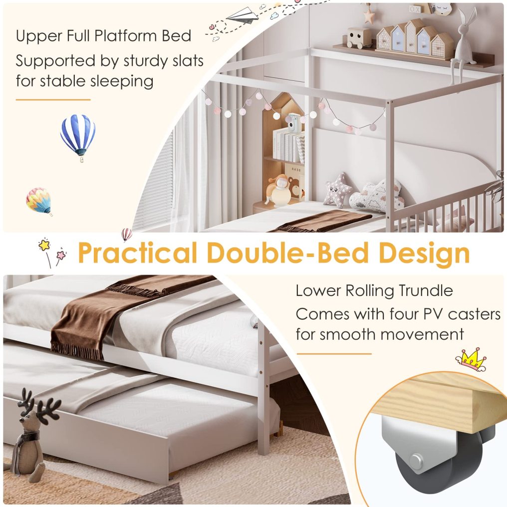 KOMFOTT Wood Canopy Bed with Trundle, Full Size Kids Solid Wood Platform Bed Frame with Headboard