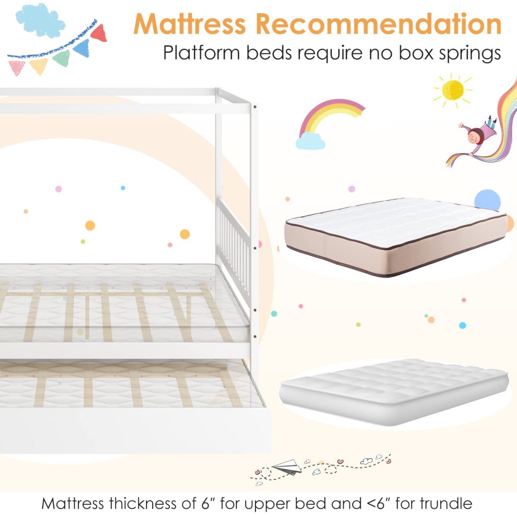 KOMFOTT Wood Canopy Bed with Trundle, Full Size Kids Solid Wood Platform Bed Frame with Headboard