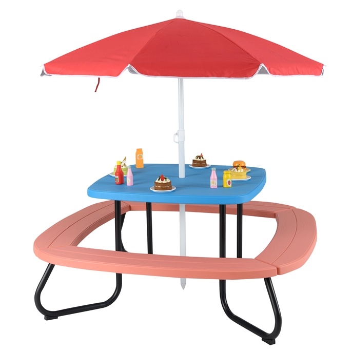 8 Person Kids Picnic Table, Outdoor Activity Table w/Adjustable & Collapsible Umbrella for Ages 3+