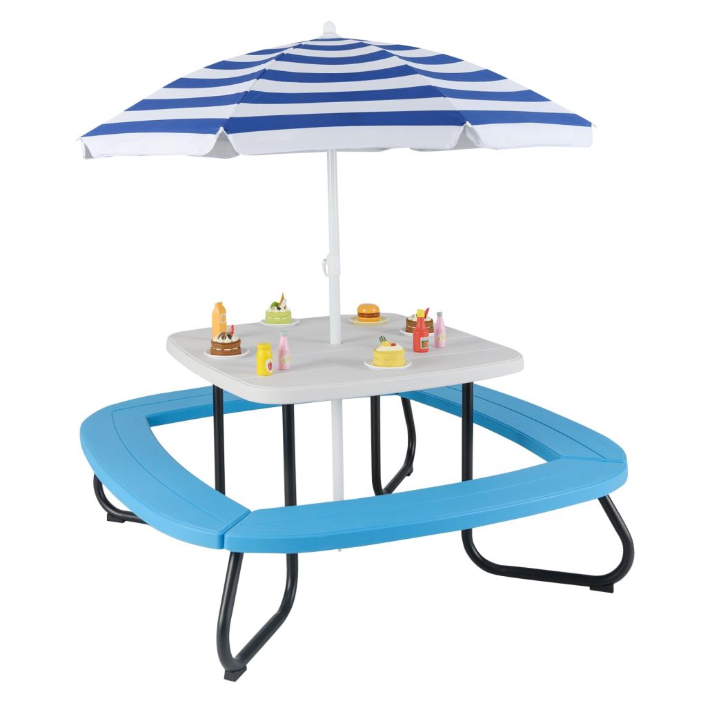 8 Person Kids Picnic Table, Outdoor Activity Table w/Adjustable & Collapsible Umbrella for Ages 3+