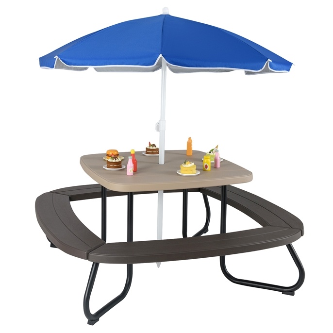 8 Person Kids Picnic Table, Outdoor Activity Table w/Adjustable & Collapsible Umbrella for Ages 3+