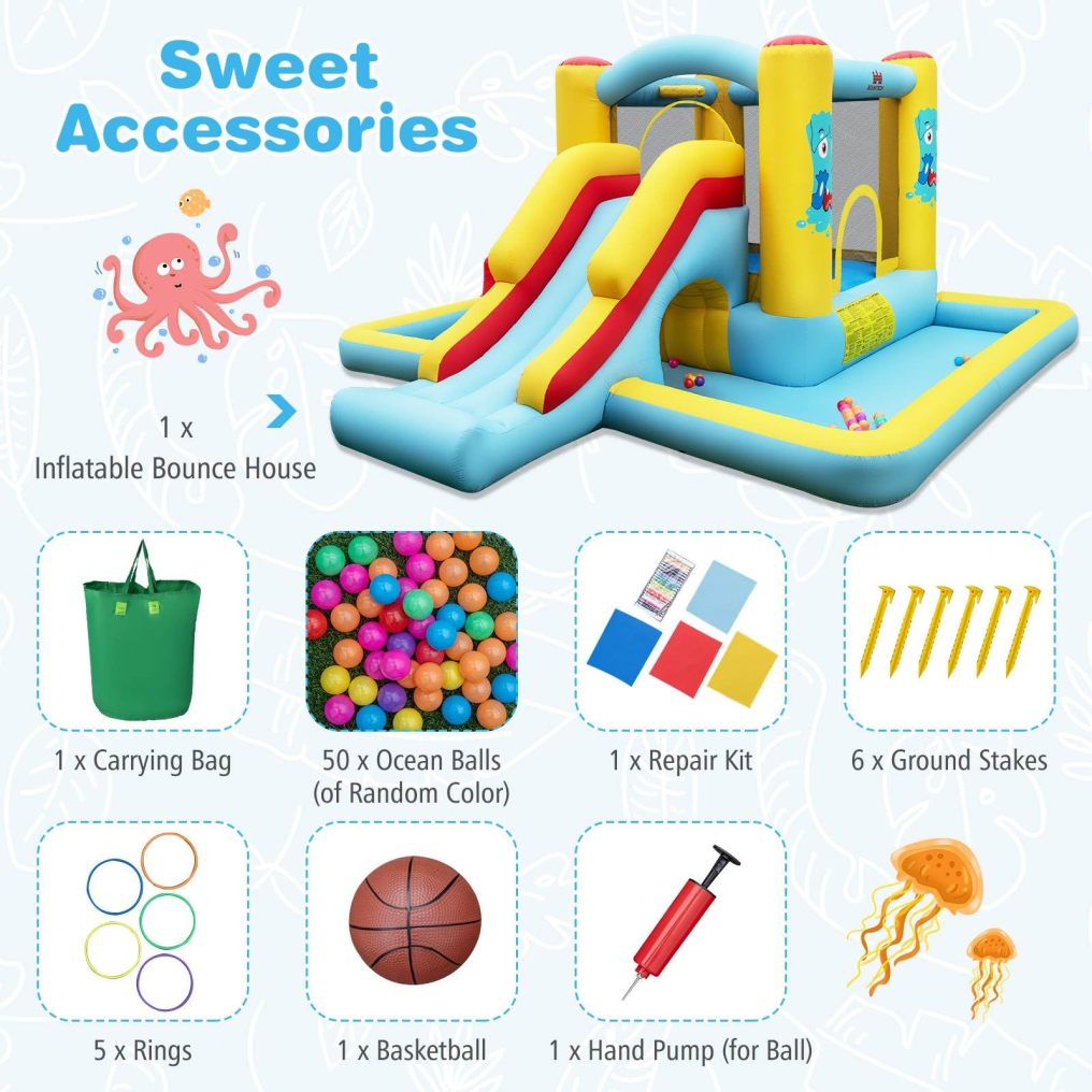 Inflatable Bounce House, 7-in-1 Giant Bouncy Castle with Slide, Tunnel, Basketball Hoop