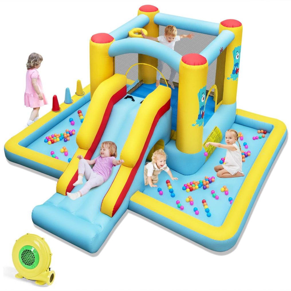 Inflatable Bounce House, 7-in-1 Giant Bouncy Castle with Slide, Tunnel, Basketball Hoop