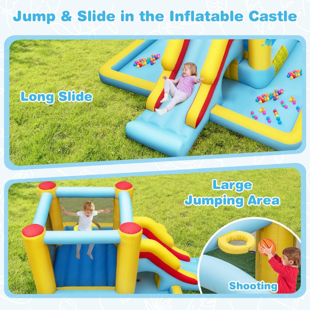Inflatable Bounce House, 7-in-1 Giant Bouncy Castle with Slide, Tunnel, Basketball Hoop