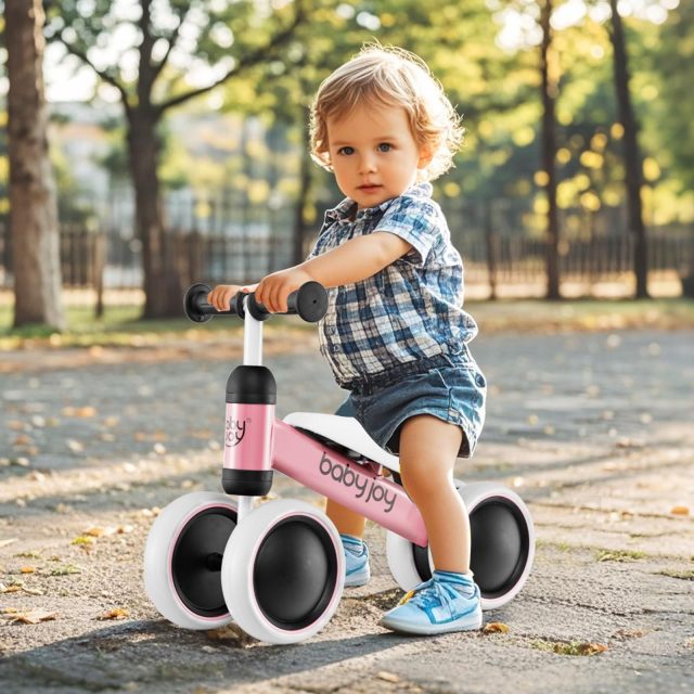 Baby Balance Bike, No Pedal Infant 4 Wheels Bicycle with Non-slip Handlerbar & Padded Saddle Seat, 135° Safe Limit Steer Walker Bike