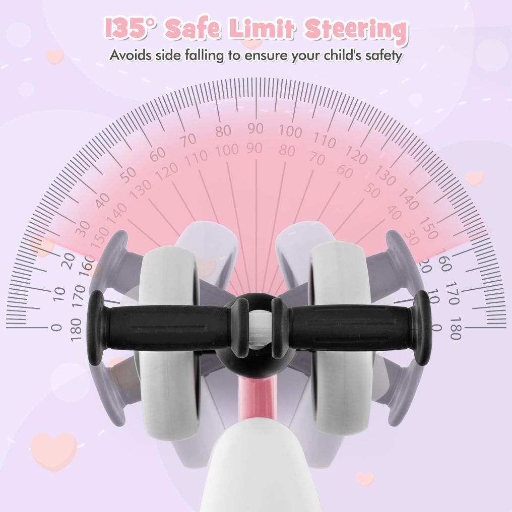 Baby Balance Bike, No Pedal Infant 4 Wheels Bicycle with Non-slip Handlerbar & Padded Saddle Seat, 135° Safe Limit Steer Walker Bike