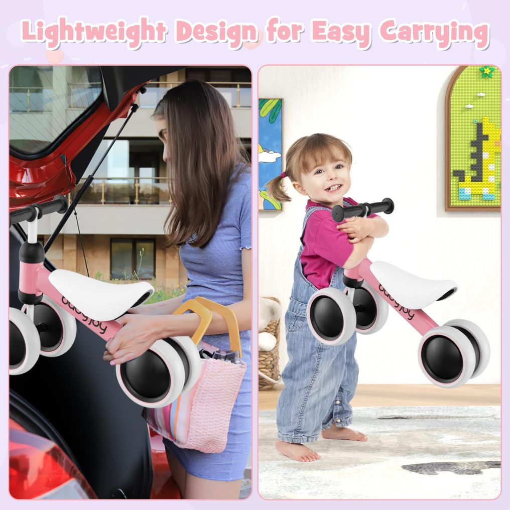 Baby Balance Bike, No Pedal Infant 4 Wheels Bicycle with Non-slip Handlerbar & Padded Saddle Seat, 135° Safe Limit Steer Walker Bike