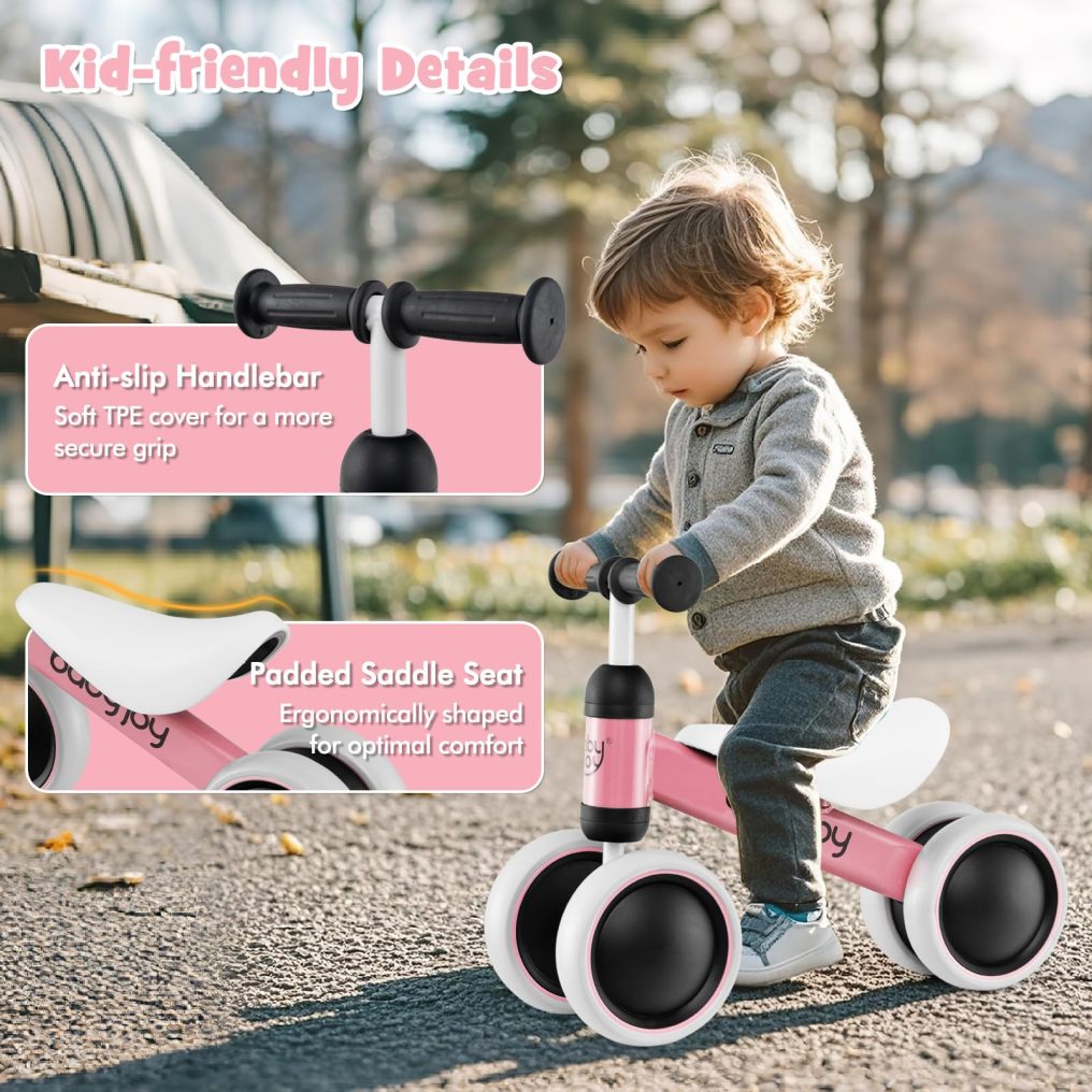 Baby Balance Bike, No Pedal Infant 4 Wheels Bicycle with Non-slip Handlerbar & Padded Saddle Seat, 135° Safe Limit Steer Walker Bike