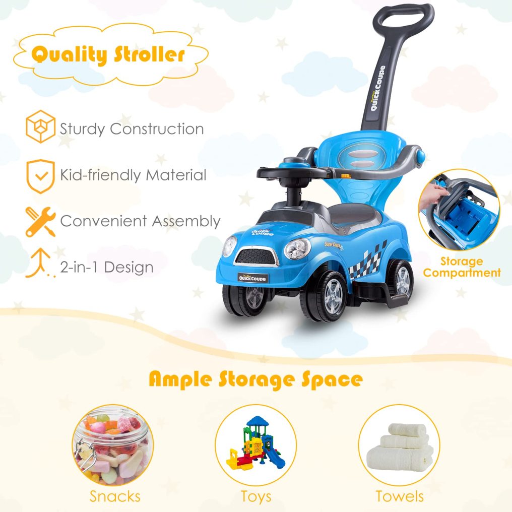 3-in-1 Ride on Push Car, Foot-to-Floor Toddler Walking Car w/Detachable Guardrails & Handle, Sliding Car for 2-6 Years