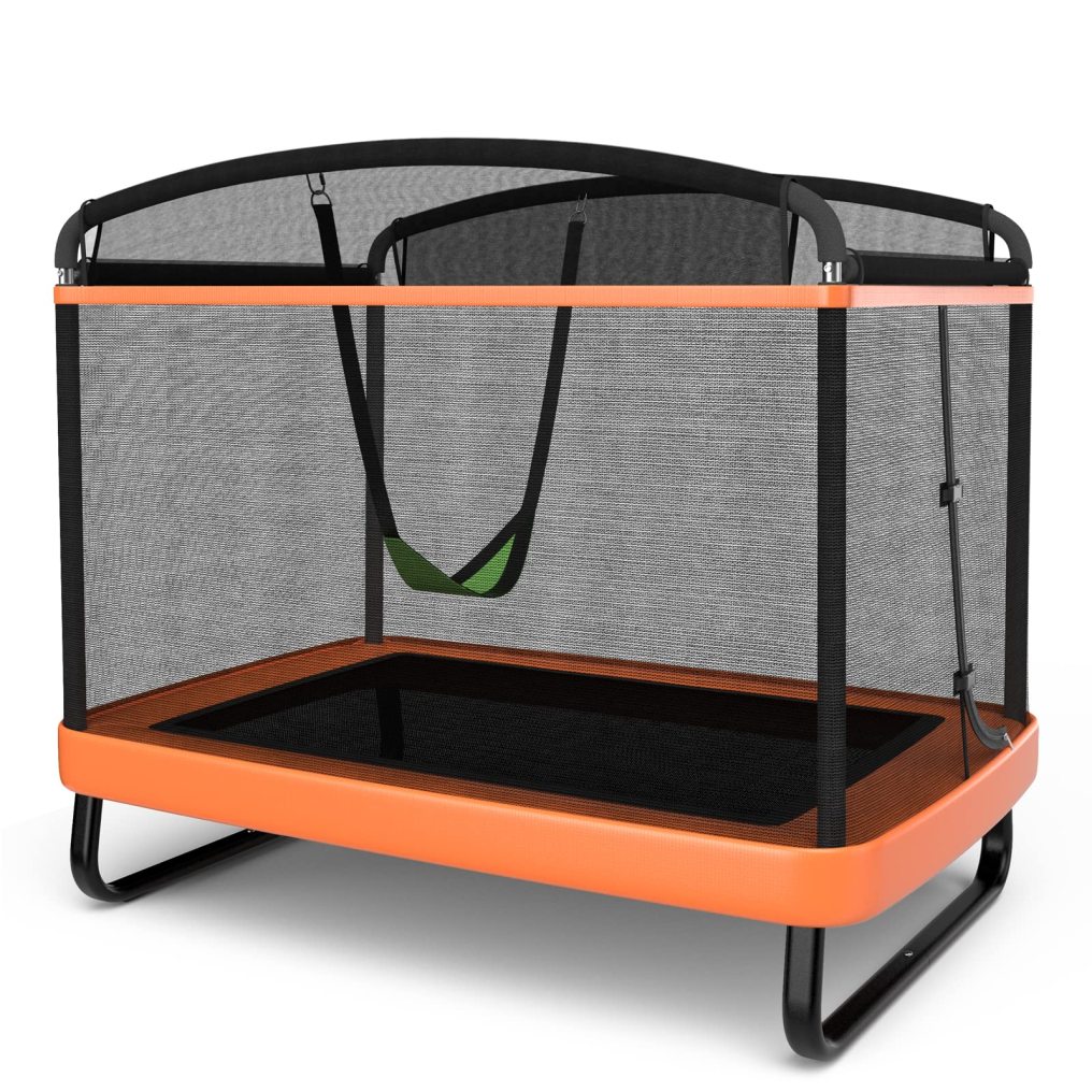 6FT Kids Recreational Trampoline, 2-in-1 Outdoor Toddler Trampoline w/Swing, Safety Enclosure Net