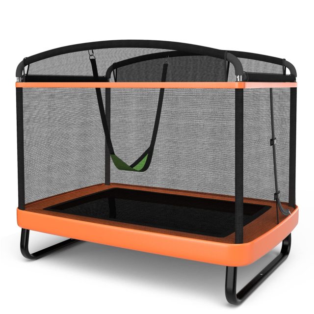 6FT Kids Recreational Trampoline, 2-in-1 Outdoor Toddler Trampoline w/Swing, Safety Enclosure Net