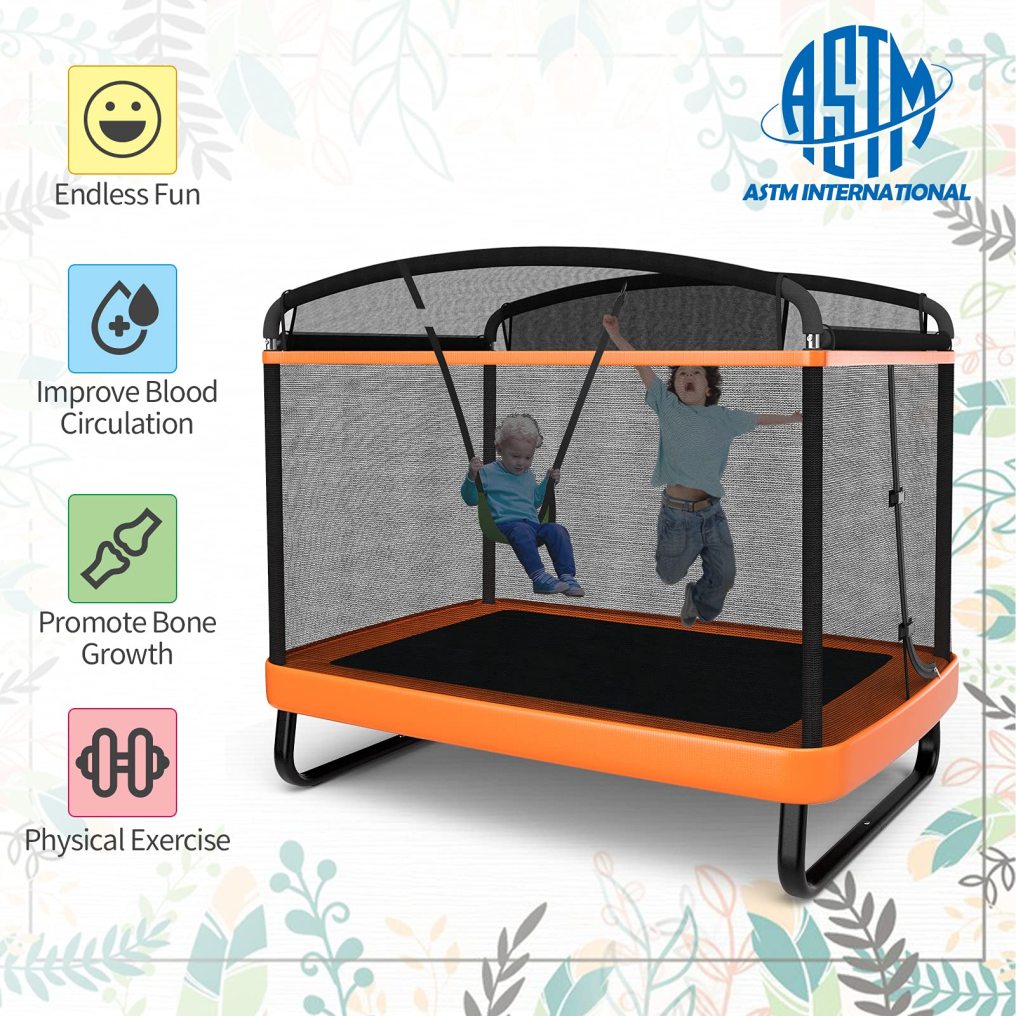 6FT Kids Recreational Trampoline, 2-in-1 Outdoor Toddler Trampoline w/Swing, Safety Enclosure Net