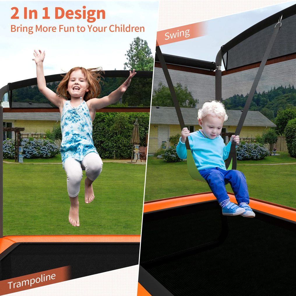 6FT Kids Recreational Trampoline, 2-in-1 Outdoor Toddler Trampoline w/Swing, Safety Enclosure Net