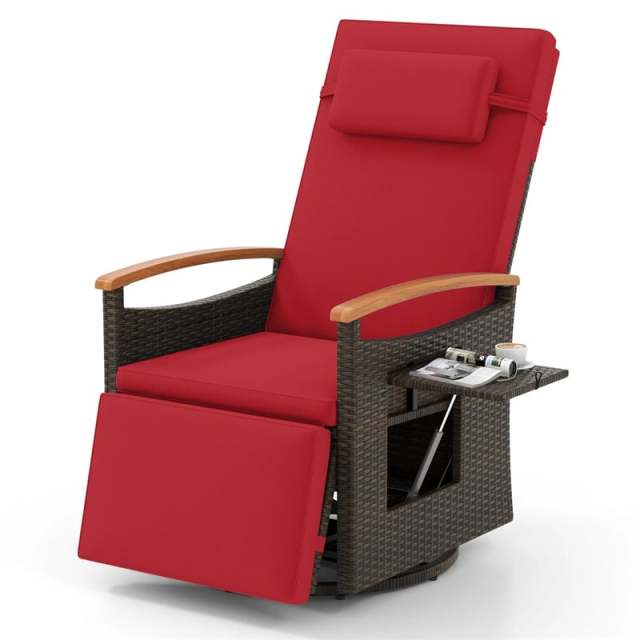 Outdoor 360° Swivel Rattan Recliner Chair with Adjustable Backrest & Footrest, Patio Wicker Chaise Lounge Chair with Flip Side Table & Cushion