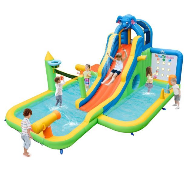 HONEY JOY Inflatable Water Slide, 9-in-1 Water Park Jumping Castle W/Ring-toss Game