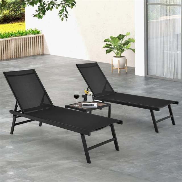 3-Piece Outdoor Aluminum Chaise Lounge Set with Side Table, 6-Position Adjustable Backrest Patio Lounge Chair for Poolside & Backyard