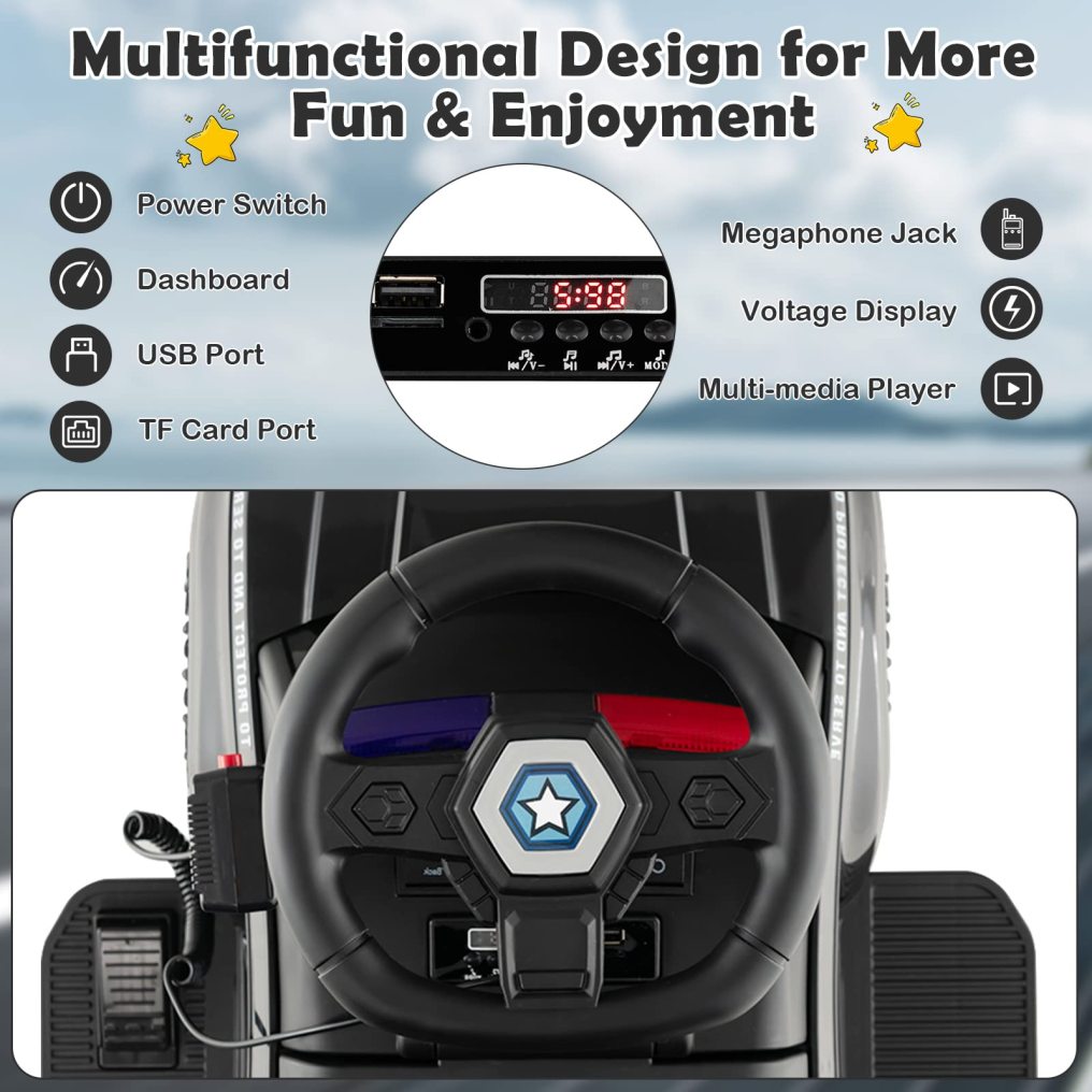 Kids Ride on Police Car, 6V Battery Powered Electric Toy Car w/Real Megaphone, 4-Wheel Ride-on Vehicle
