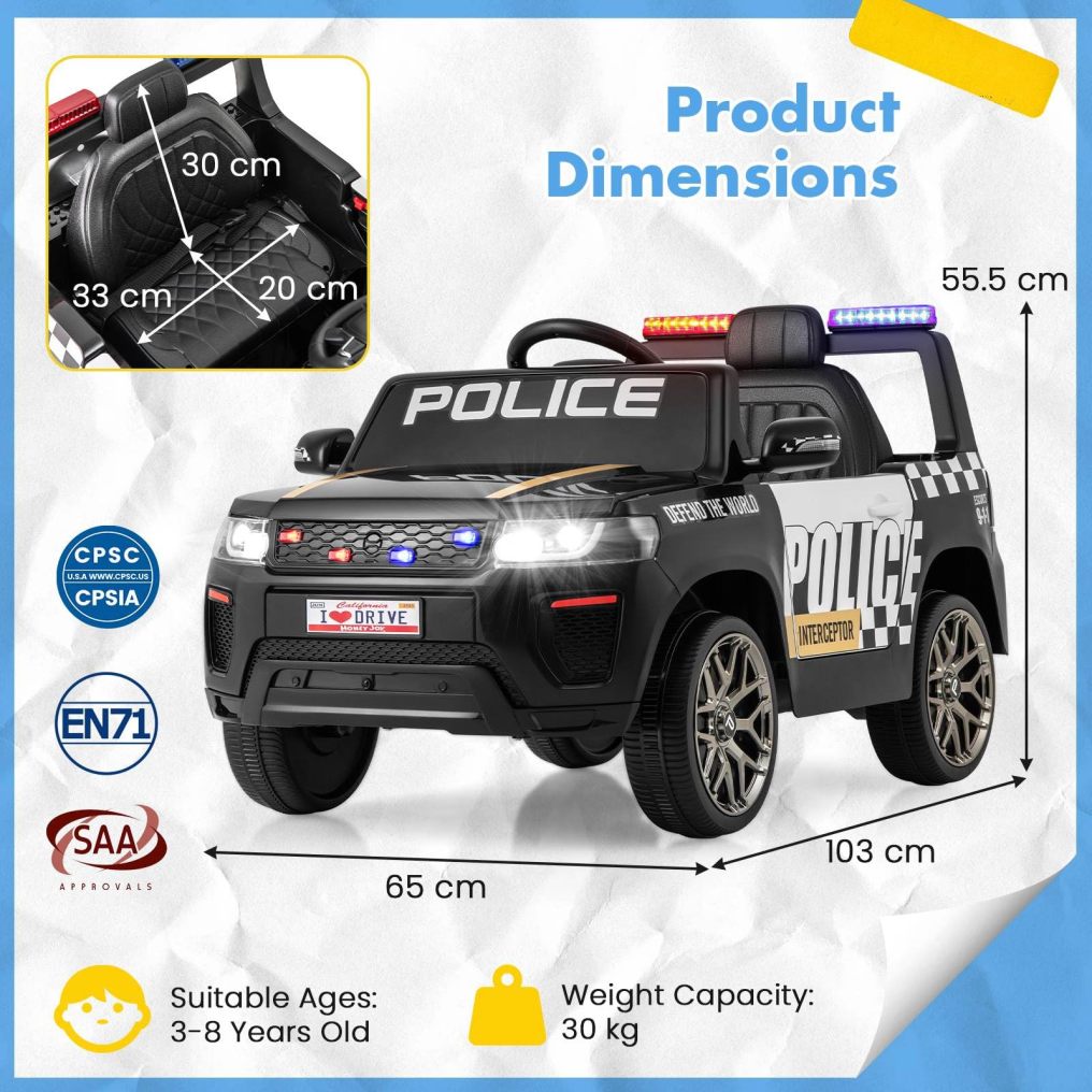 Kids Ride on Police Car 12V Electric Battery Powered Cop Car Flashing Lights