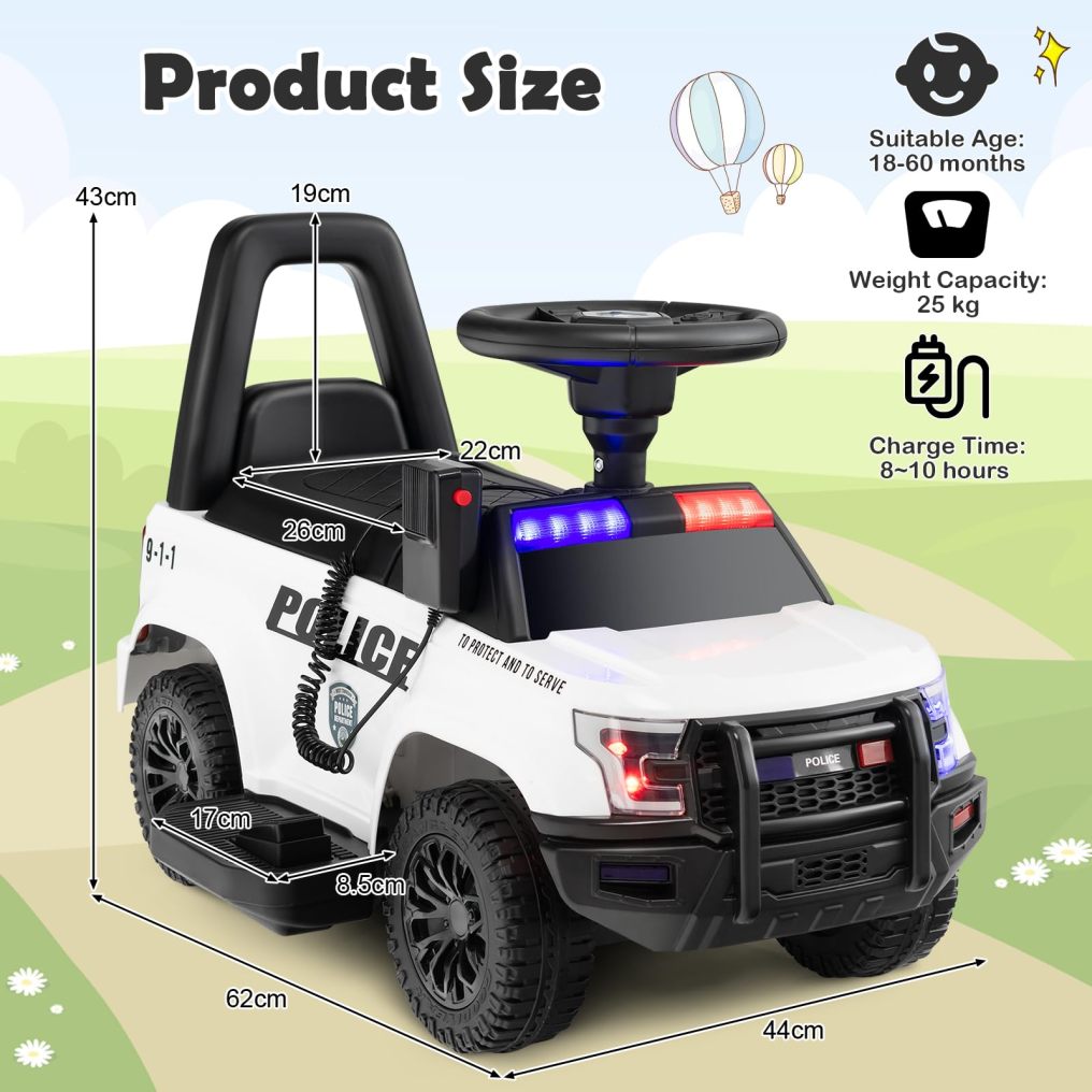 Kids Ride on Police Car, 6V Battery Powered Electric Toy Car w/Real Megaphone, 4-Wheel Ride-on Vehicle
