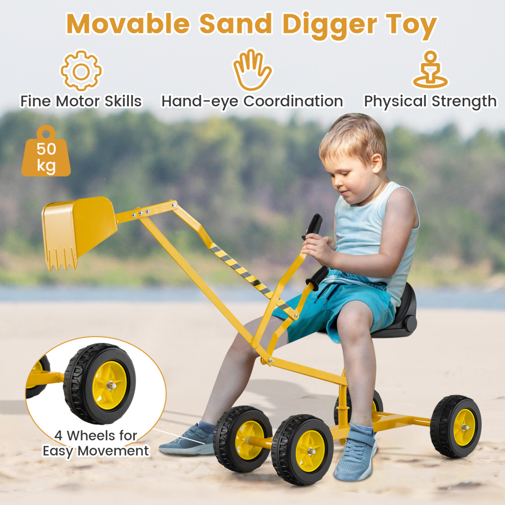 Sand Digger for Kids, Sandbox Toy Digger w/ 2-Handed Controls & Flexible Shovel