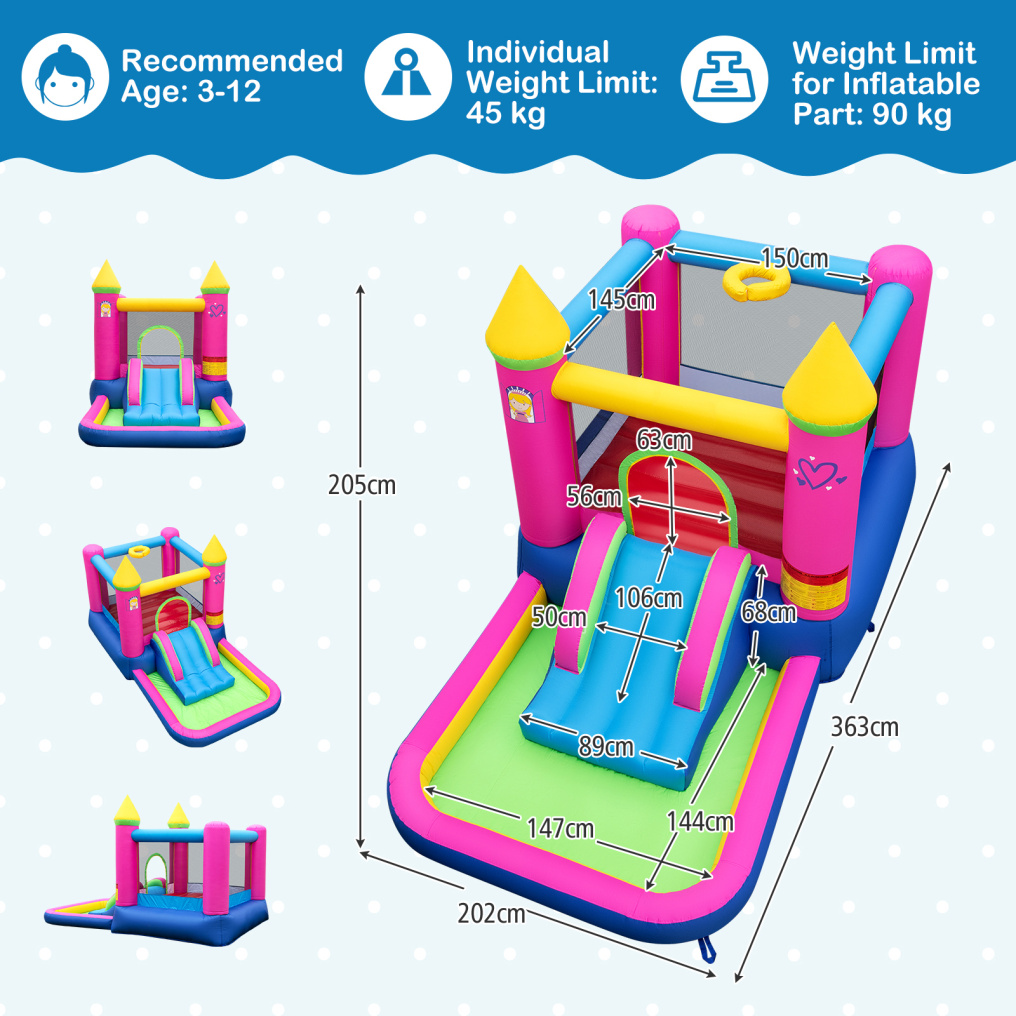 Inflatable Bounce House, 4-in-1 Kids Princess-themed Bouncer w/ Slide